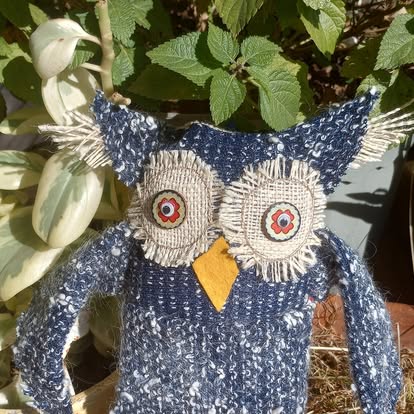 Handmade owl Scrappy Doll in blue tweed fabric with burlap eyes and a felt beak